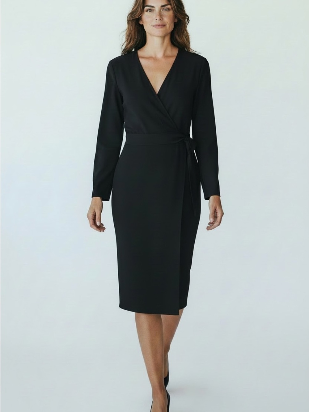 Jones New York Black Wrap Midi Dress with Tie Waist